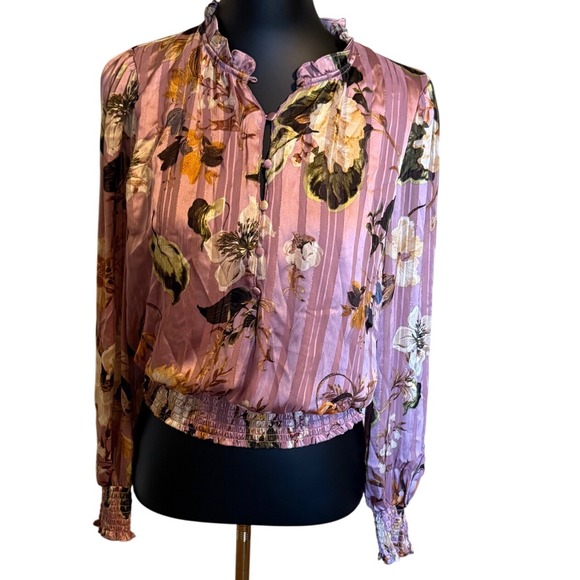 Tamara H. Tops - Tamara H Womens Medium Pink Floral Metallic Lurex Stripe Smocked Ruffle Blouse